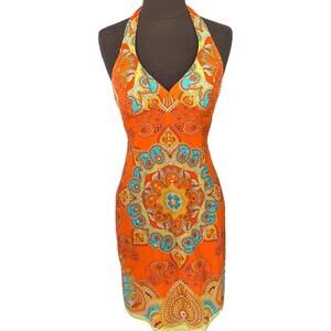 Y2K Muse Boston Proper Halter Mini Dress Mandala Sequin Silk Orange Women Size 2